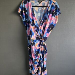 Maggy London Woman Watercolor Floral Wrap Dress in Blue, Pink & Yellow 14W